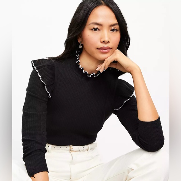 Loft Pointelle Ribbed Ruffle Top - Picture 3 of 5